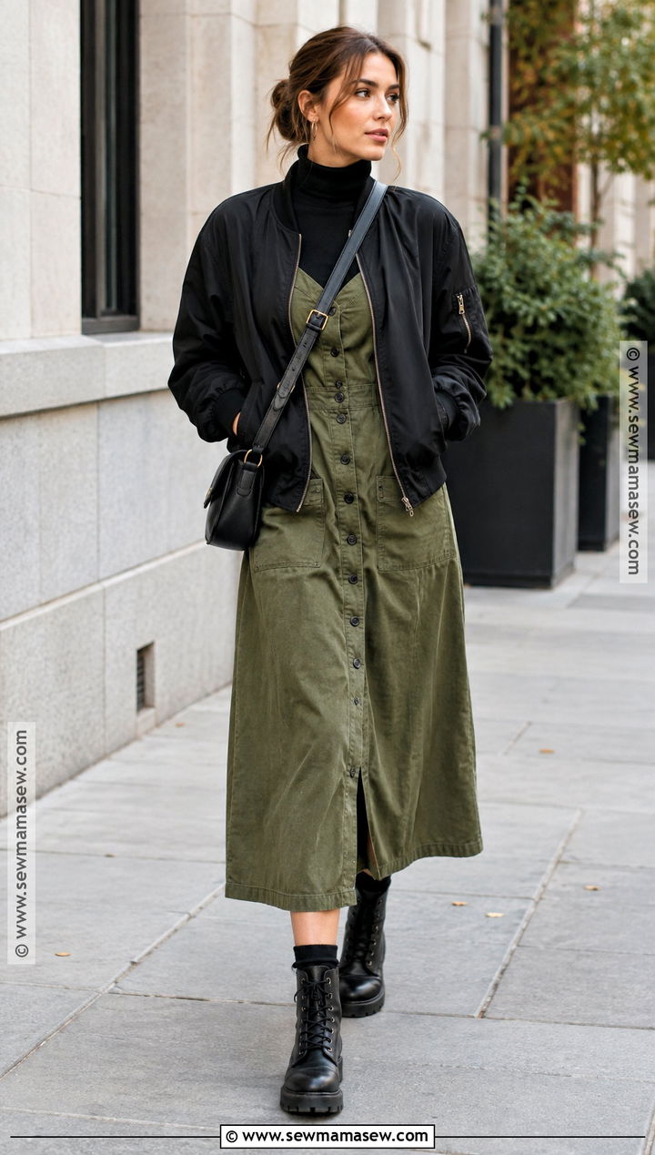 Olive Utility Dress With Combat Boots - 20 fall outfits dresses
