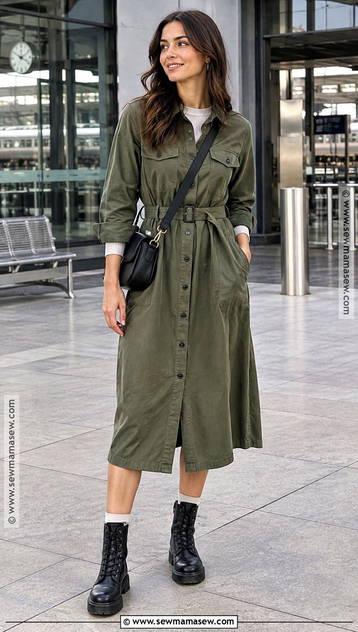 Olive Utility Dress With Combat Boots - 20 fall outfits women dresses