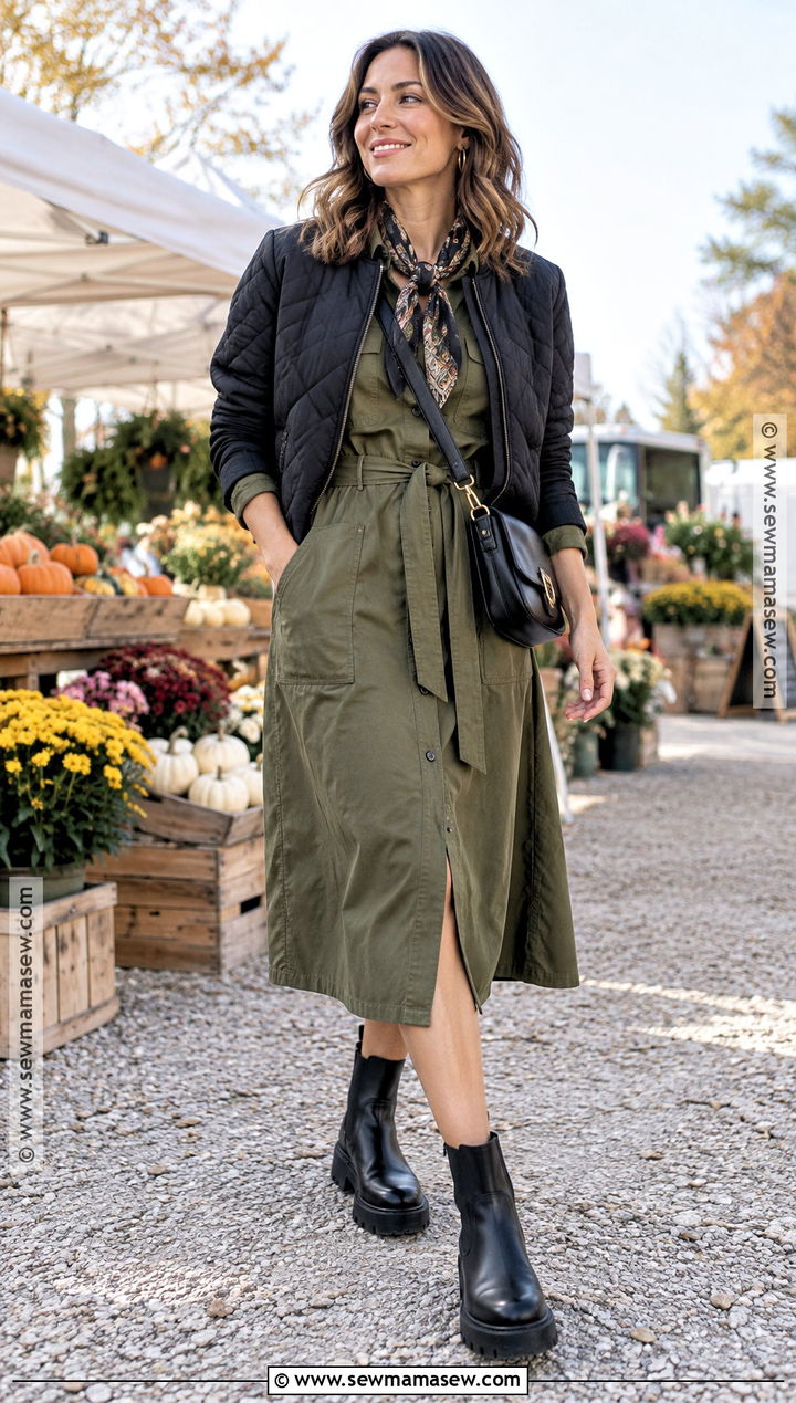 Olive Utility Dress With Lug Sole Chelsea Boots - 25 fall dresses with boots