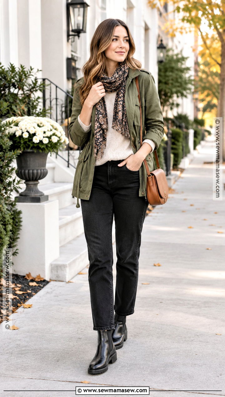 Olive Utility Jacket And Black Jeans Autumn Outfit - 25 autumn color outfits