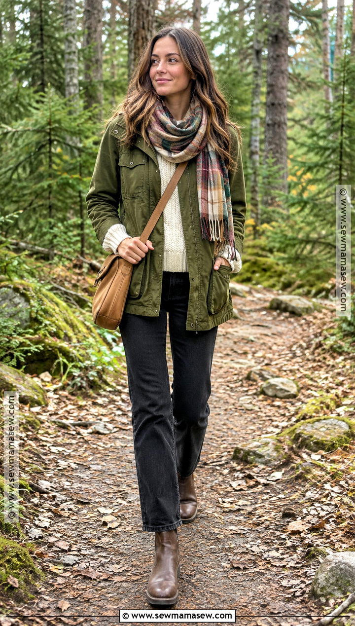 Olive Utility Jacket And Black Jeans Autumn Photoshoot Outfit - 15 autumn outfit photoshoot ideas