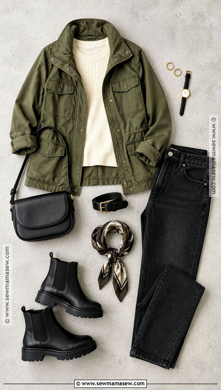 Olive Utility Jacket And Black Jeans Flat Lay - 15 autumn fashion flat lay ideas