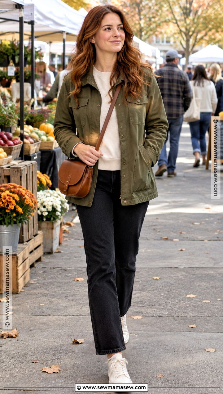 Olive Utility Jacket And Black Jeans Outfit - 15 red head fall outfit ideas