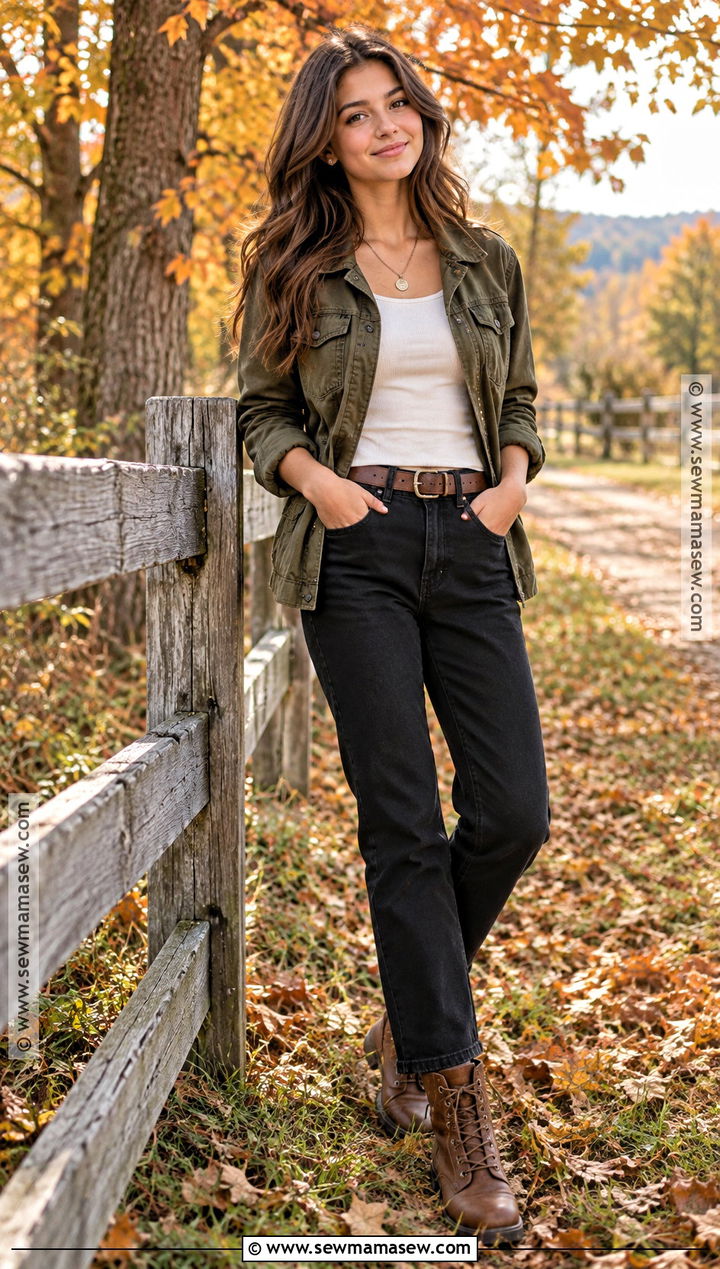 Olive Utility Jacket And Black Jeans Outfit - 15 October Senior Pictures Outfits