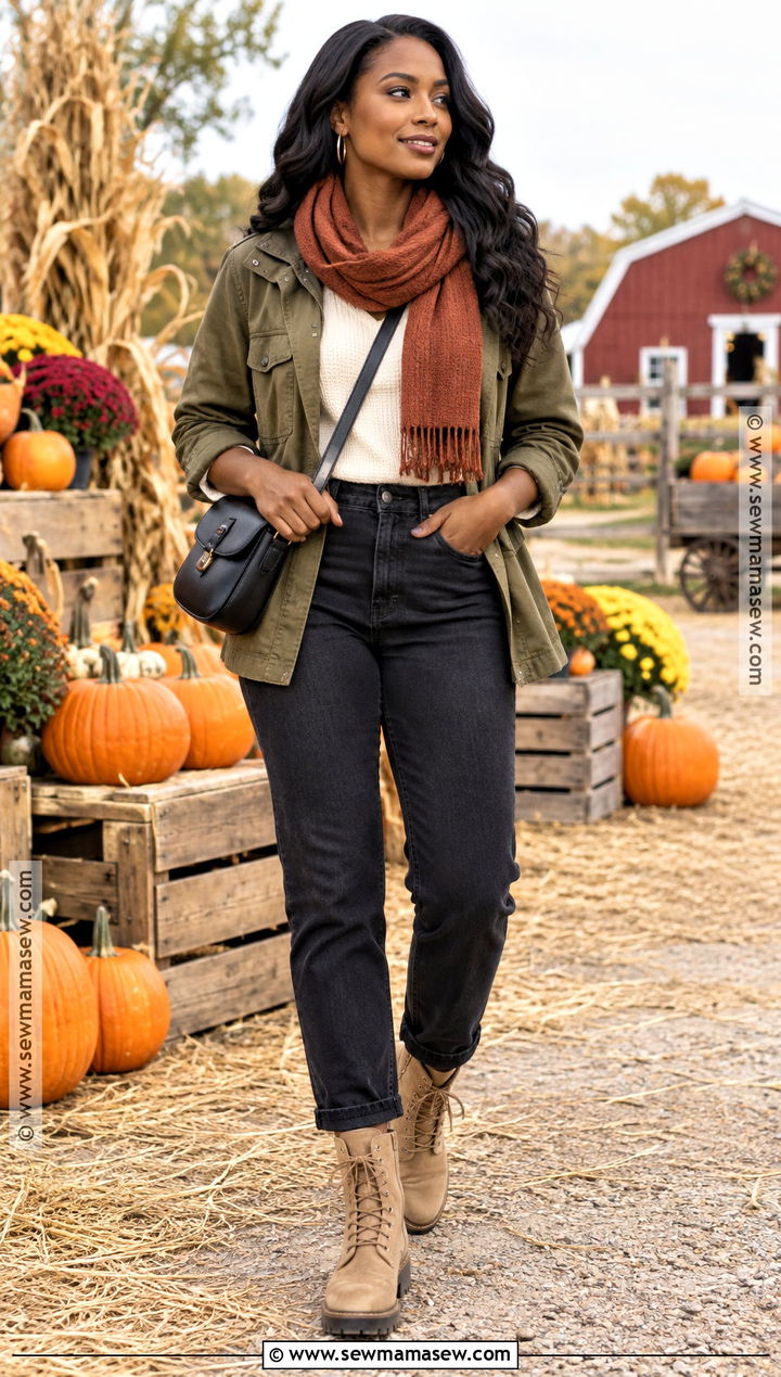 Olive Utility Jacket And Black Jeans Pumpkin Patch Outfit - 25 pumpkin patch outfit ideas for black women