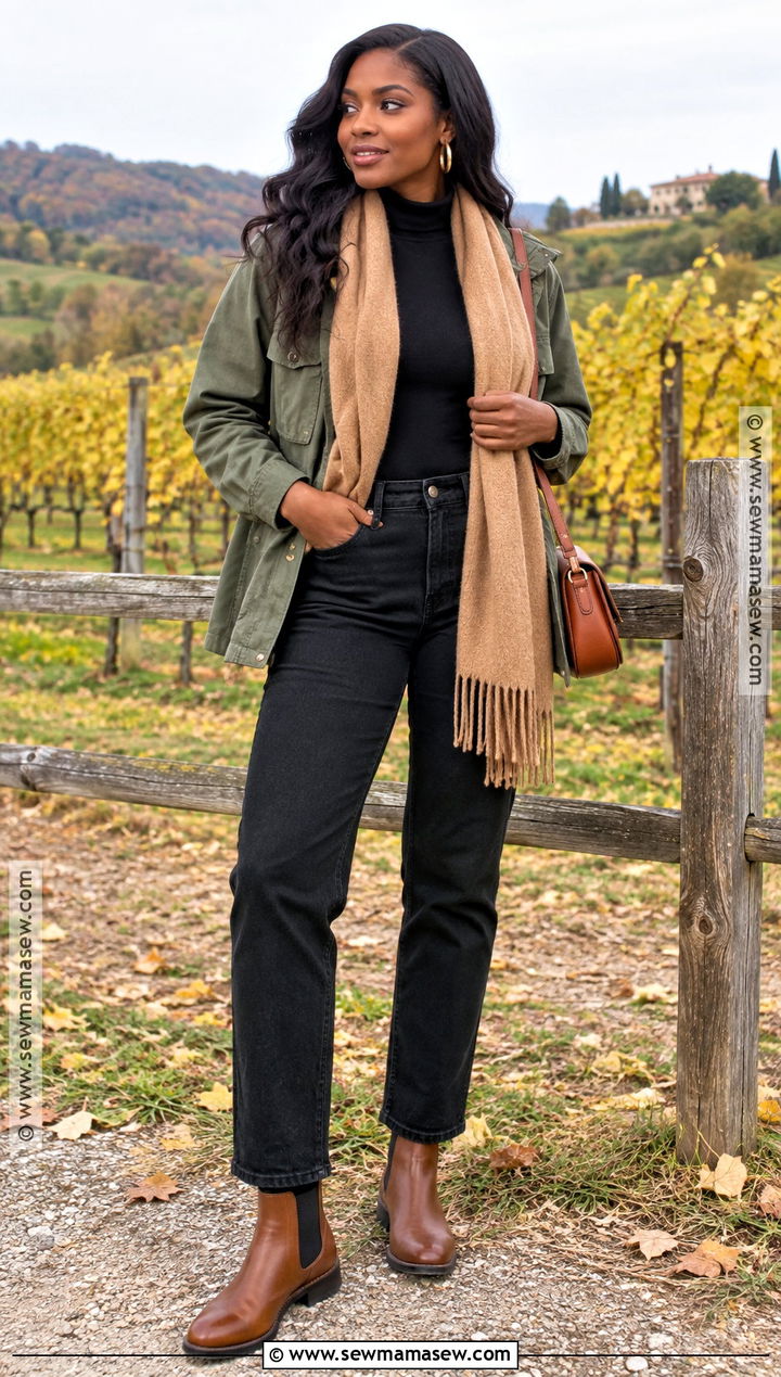 Olive Utility Jacket And Black Jeans Vineyard Outfit - 15 Fall Vineyard Outfits for Black Women