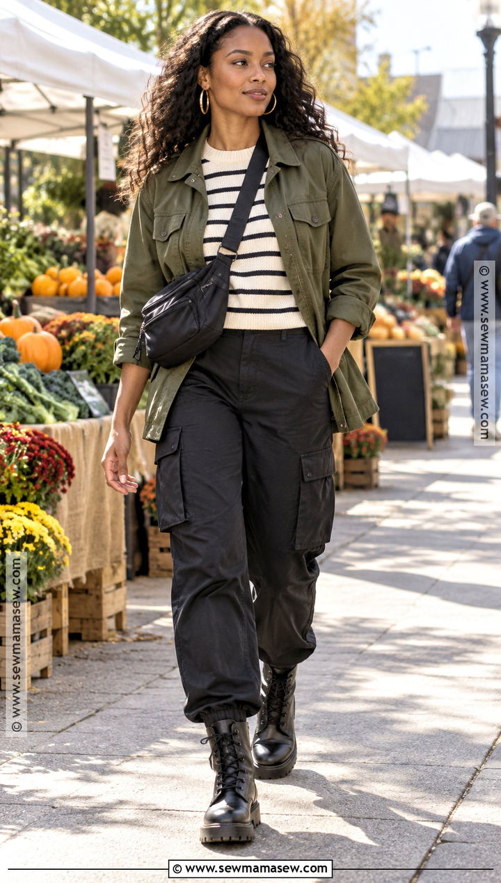 Olive Utility Jacket And Cargo Pants Fall Outfit - 20 cozy fall outfits for black women