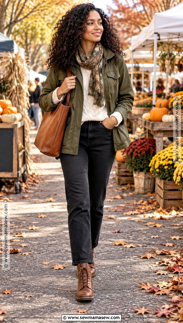 Olive Utility Jacket And Cream Knit Outfit - 15 black hair fall outfit ideas