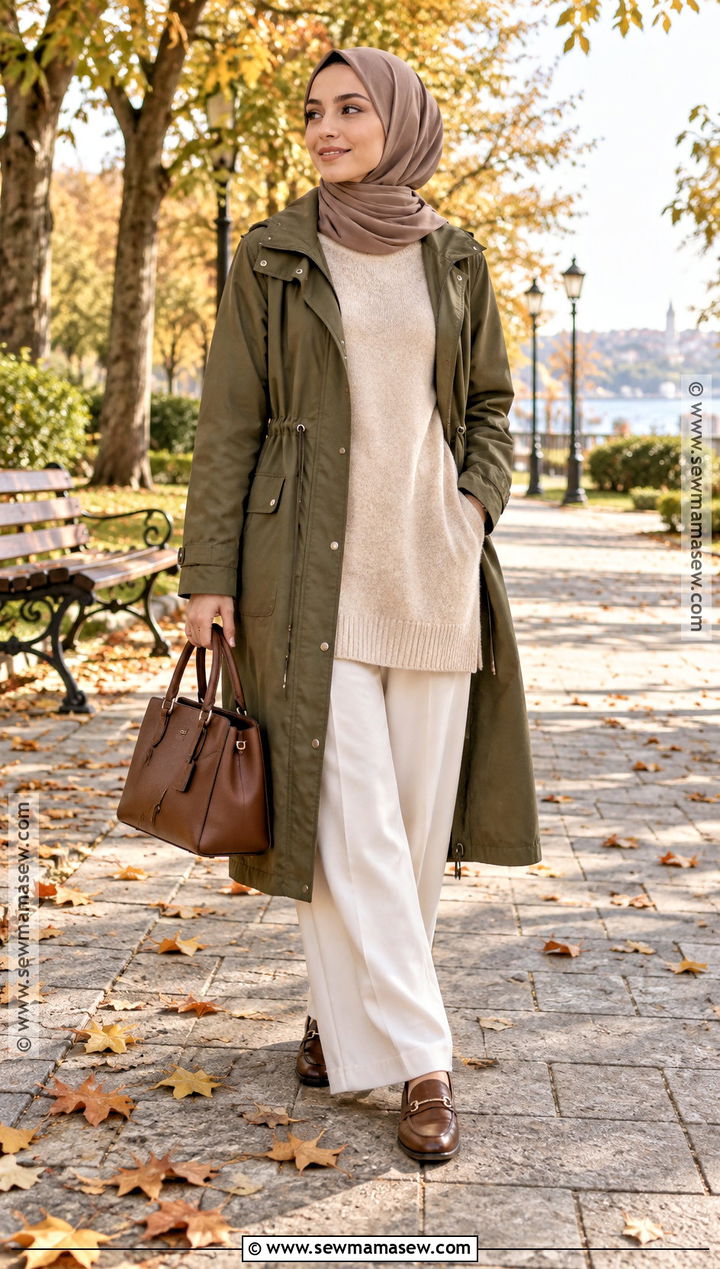 Olive Utility Jacket And Cream Pants Hijab Outfit - 20 fall outfits women hijab