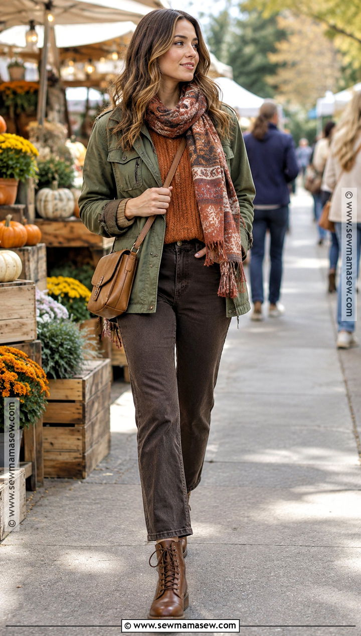 Olive Utility Jacket And Dark Brown Jeans True Autumn Outfit - 20 true autumn color palette fashion ideas