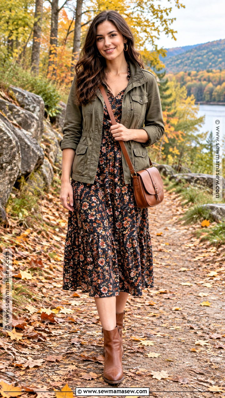 Olive Utility Jacket And Floral Dress Fall Proposal Outfit - 25 fall proposal outfit ideas
