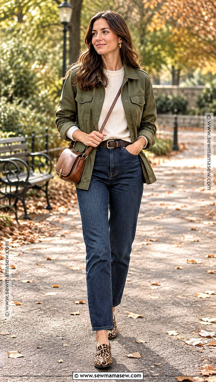 Olive Utility Jacket And Jeans With Leopard Loafers - 15 Leopard Shoes Outfit Fall