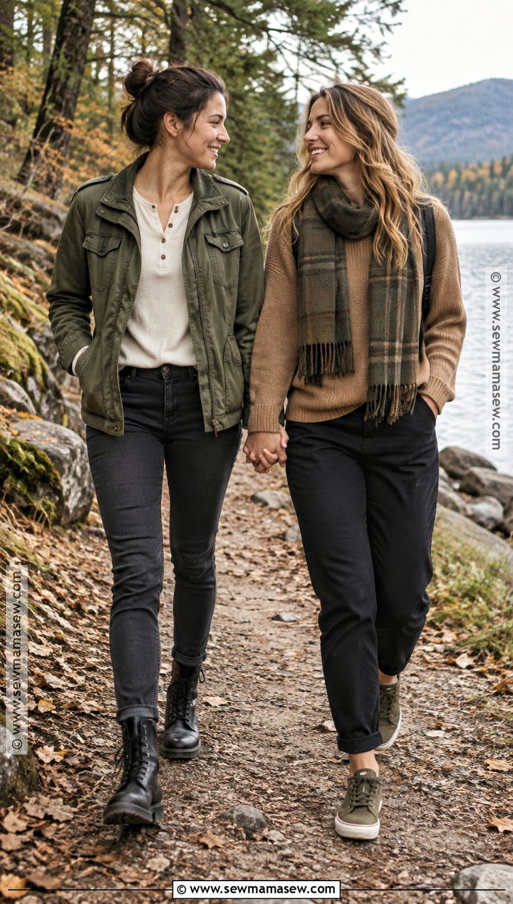 Olive Utility Jacket And Neutral Knit Couple Outfit - 15 Lesbian Couple Photoshoot Outfits Fall
