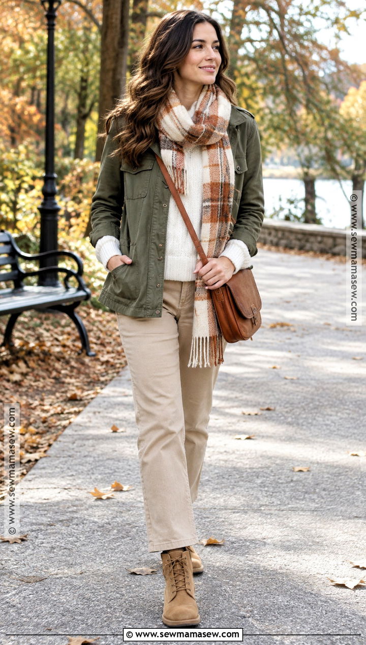 Olive Utility Jacket And Neutral Layers Soft Fall Outfit - 15 soft fall aesthetic outfits