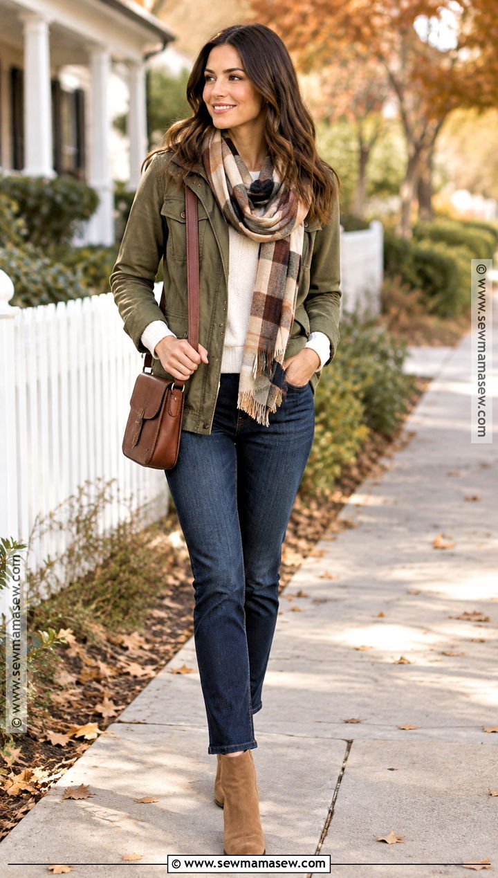 Olive Utility Jacket And Slim Straight Jeans Outfit - 20 Thanksgiving Jeans Outfit