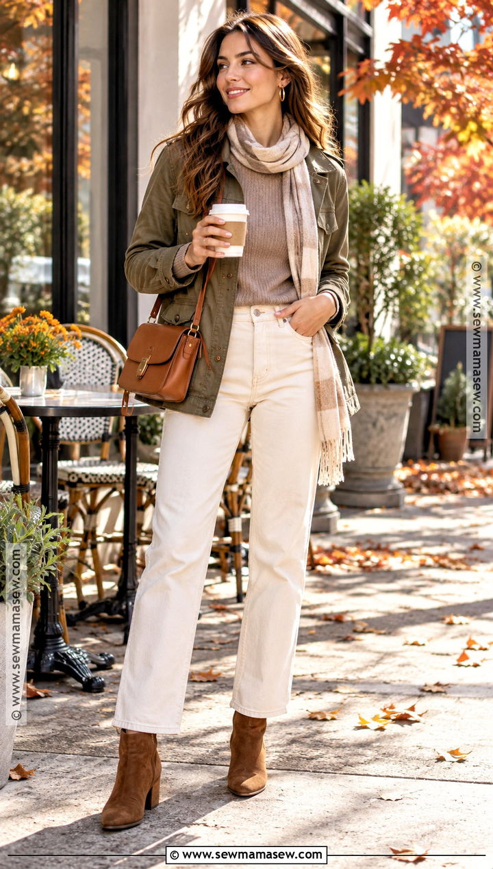 Olive Utility Jacket And White Jeans Coffee Date Outfit - 15 coffe date autumn outfit ideas