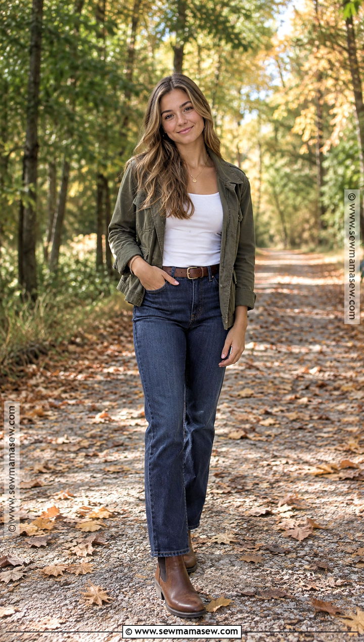 Olive Utility Jacket And White Top Fall Senior Pictures Outfit - 25 fall senior pictures outfits