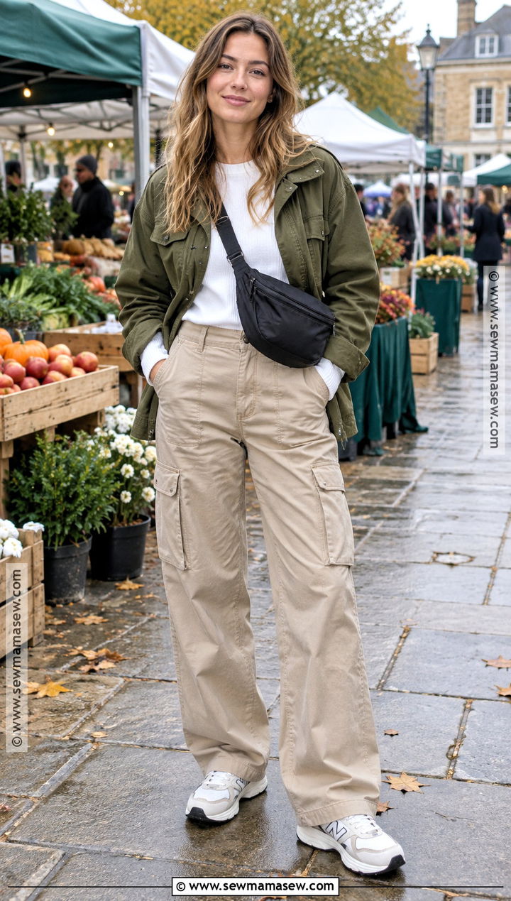 Olive Utility Jacket Cargo Trousers And Sneakers Autumn Outfit - 15 autumn fashion 2026 uk ideas