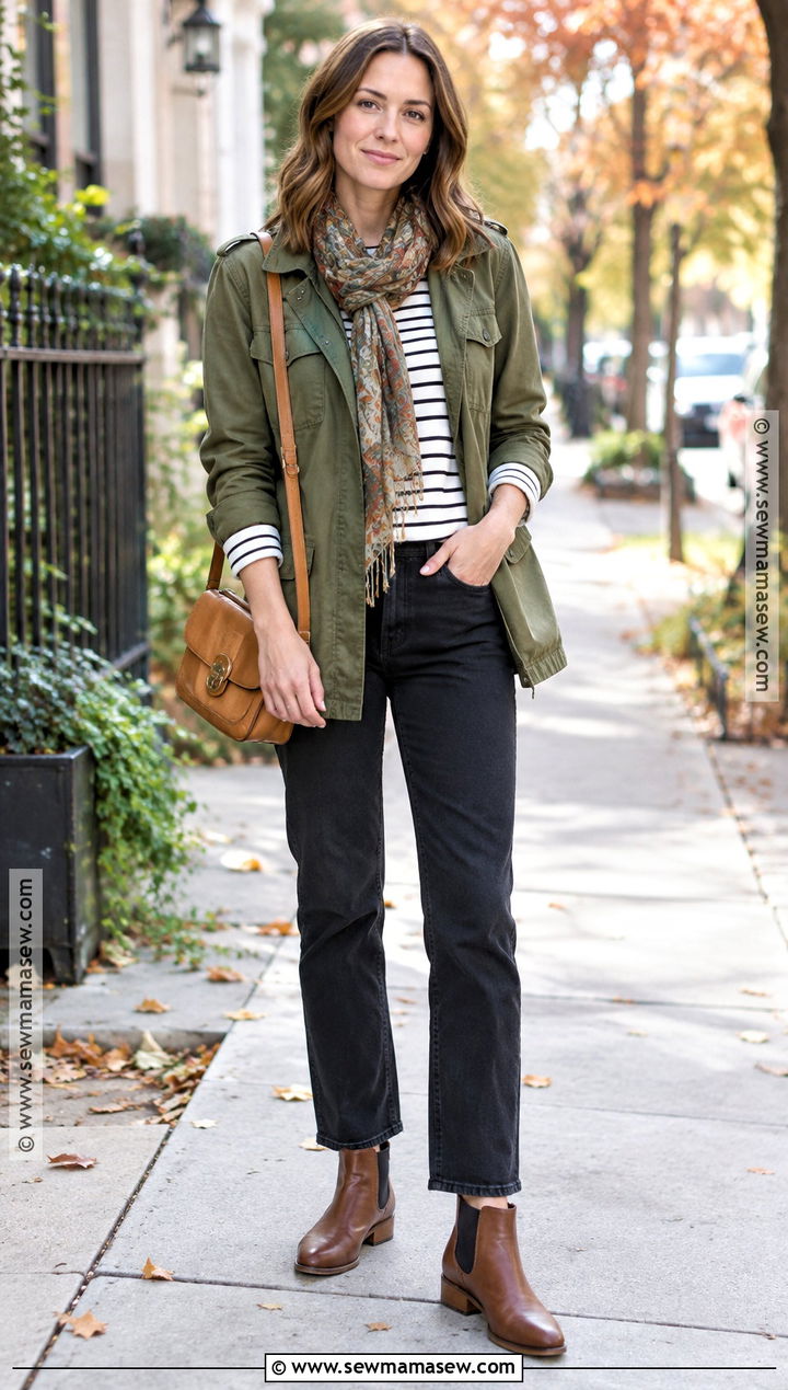 Olive Utility Jacket Fall Outfit With Black Jeans - 30 outfit inspo fall ideas