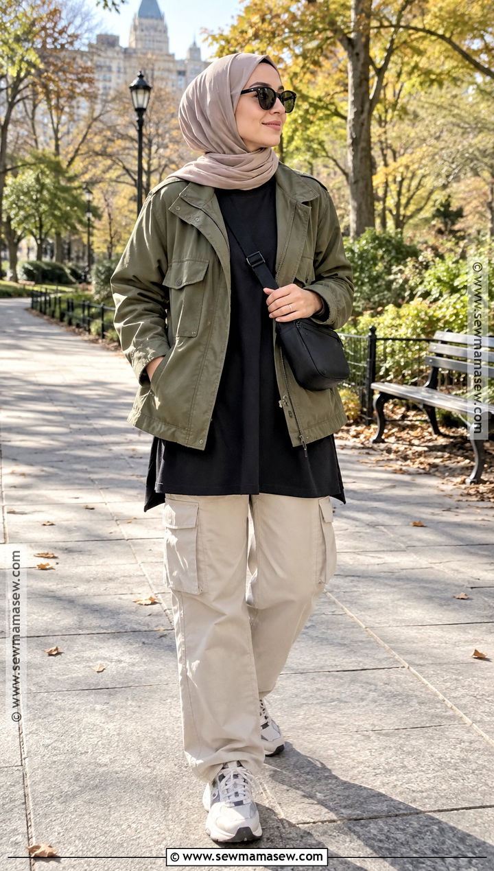 Olive Utility Jacket Hijabi Outfit With Cargo Pants - 25 fall hijabi outfits