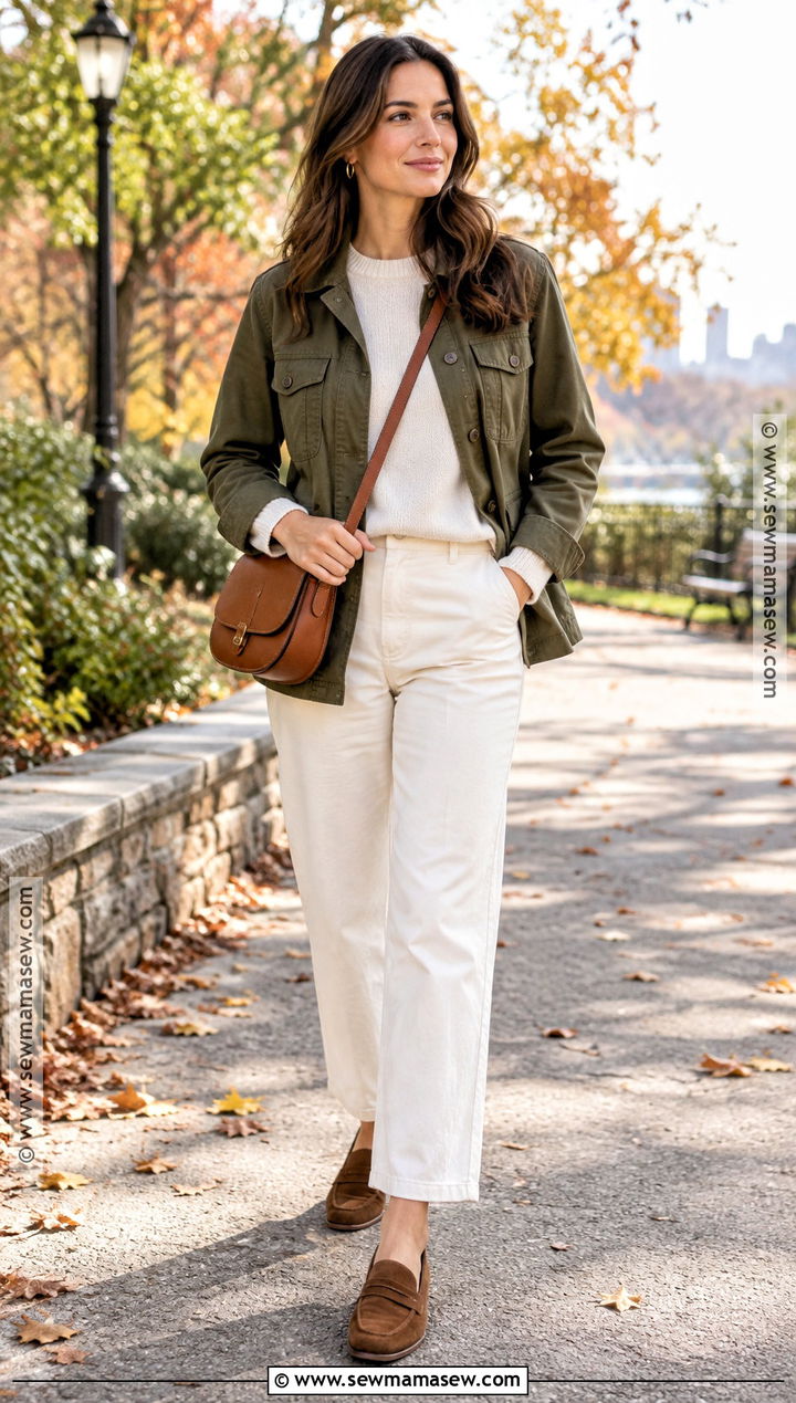 Olive Utility Jacket With Ivory Knit And Trousers - 25 fall chic outfits