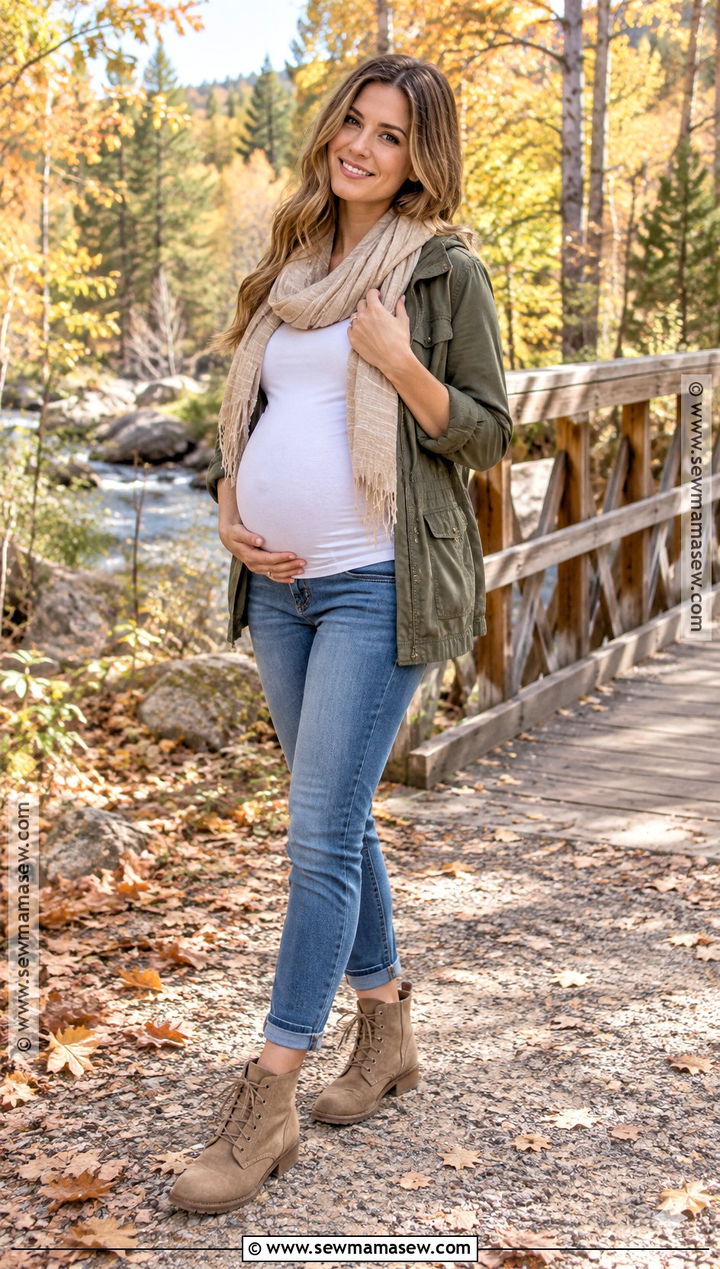 Olive Utility Jacket With Maternity Jeans - 15 fall maternity photos jeans