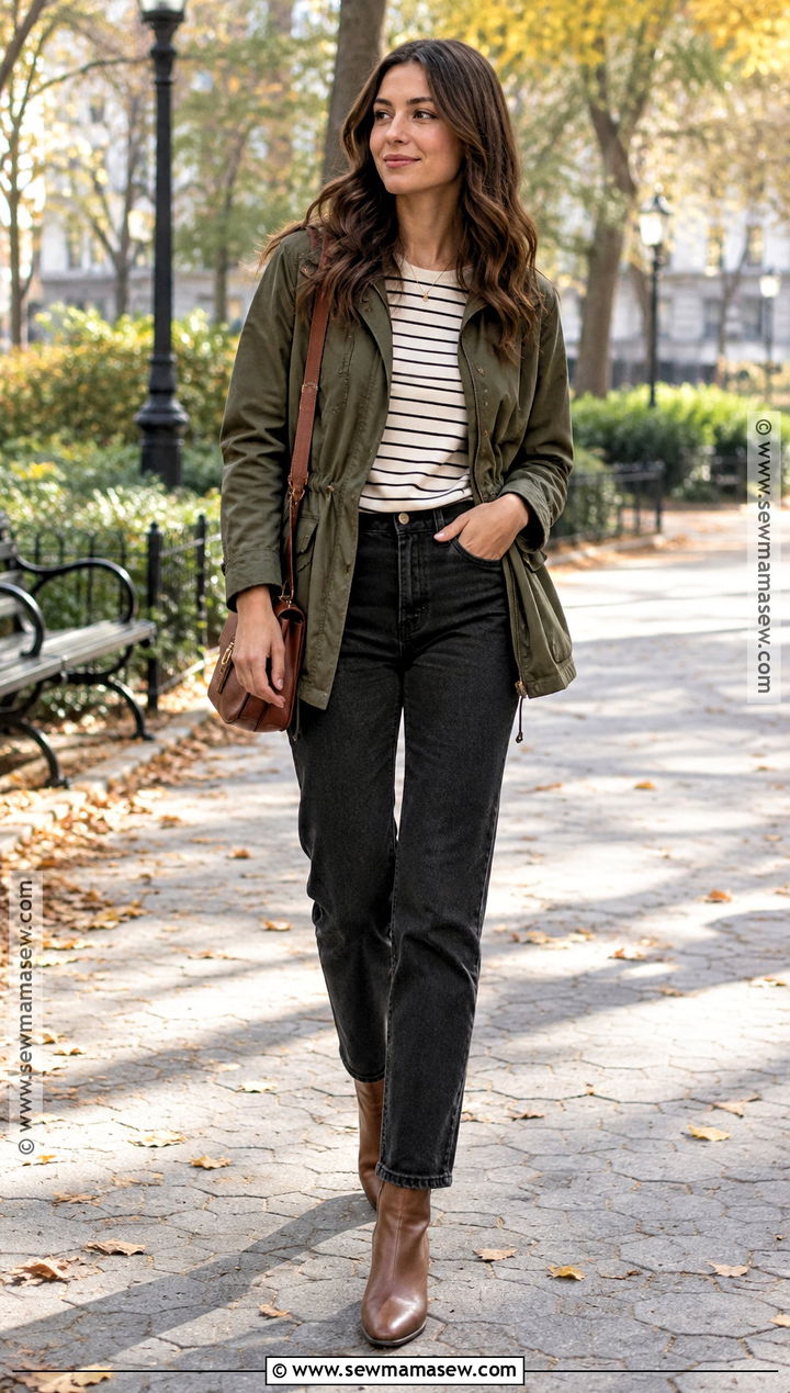 Olive Utility Jacket and Black Jeans Autumn Outfit - 25 Autumn Aesthetic Cozy Outfit Ideas