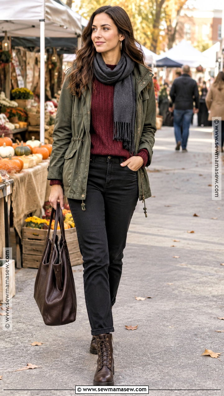 Olive Utility Jacket and Black Jeans Fall Outfit - 15 Moody Fall Outfits for Women