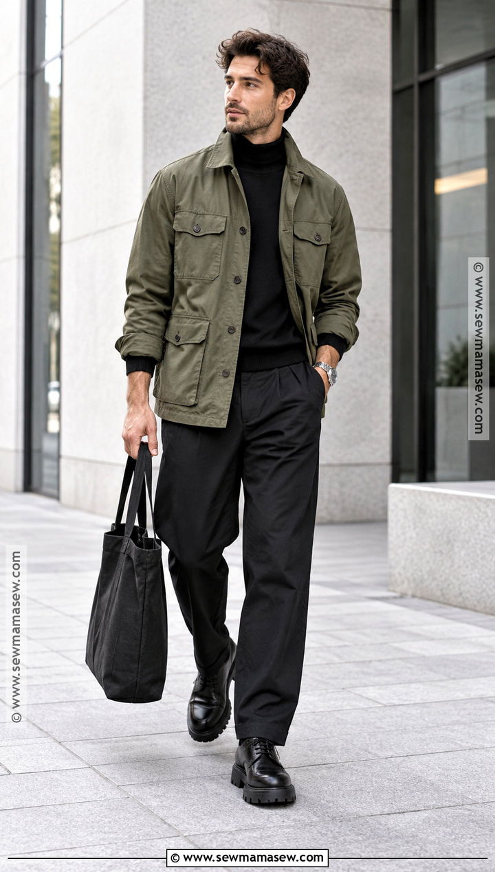 Olive Utility Jacket and Black Trousers Outfit - 25 fall drip outfits for men