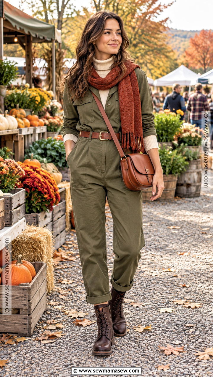 Olive Utility Jumpsuit With Turtleneck And Boots - 15 Fall Jumpsuit Outfit Ideas