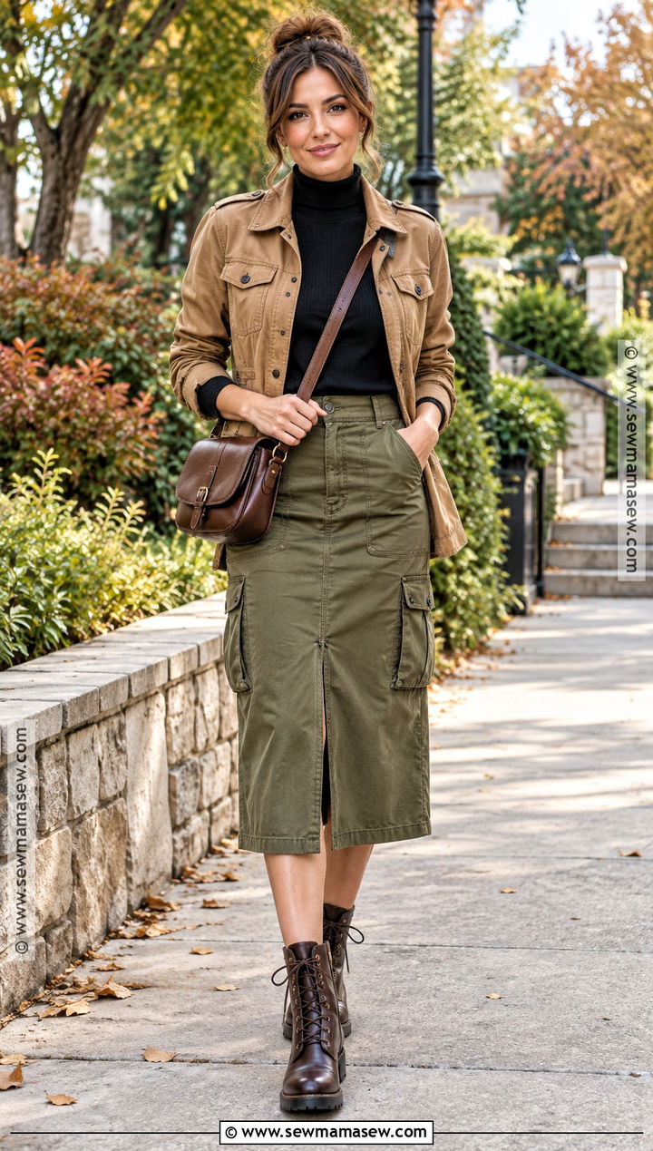 Olive Utility Skirt With Turtleneck And Field Jacket - 25 skirt outfits fall