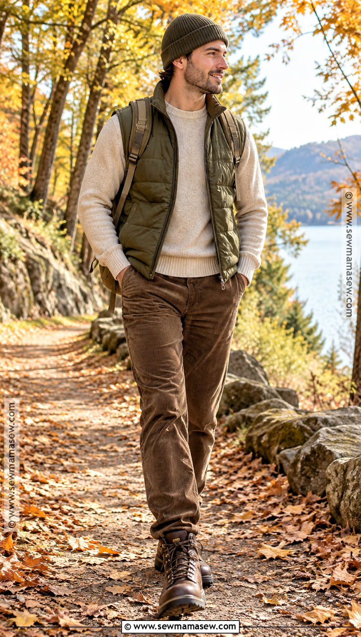 Olive Vest With Crewneck Sweater and Corduroy Pants - 15 Mens Fall Vest Outfit Ideas