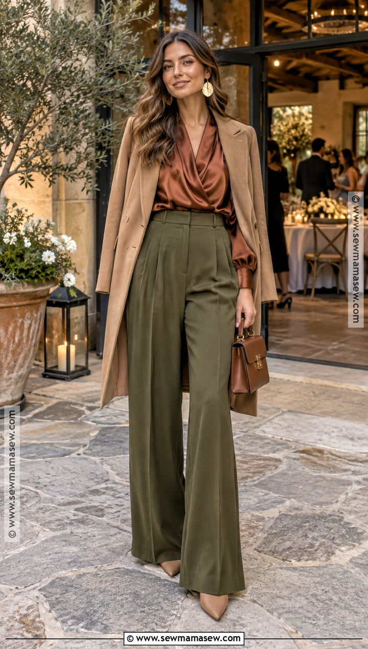 Olive Wide Leg Pants And Blouse - 15 casual wedding outfit guest fall ideas
