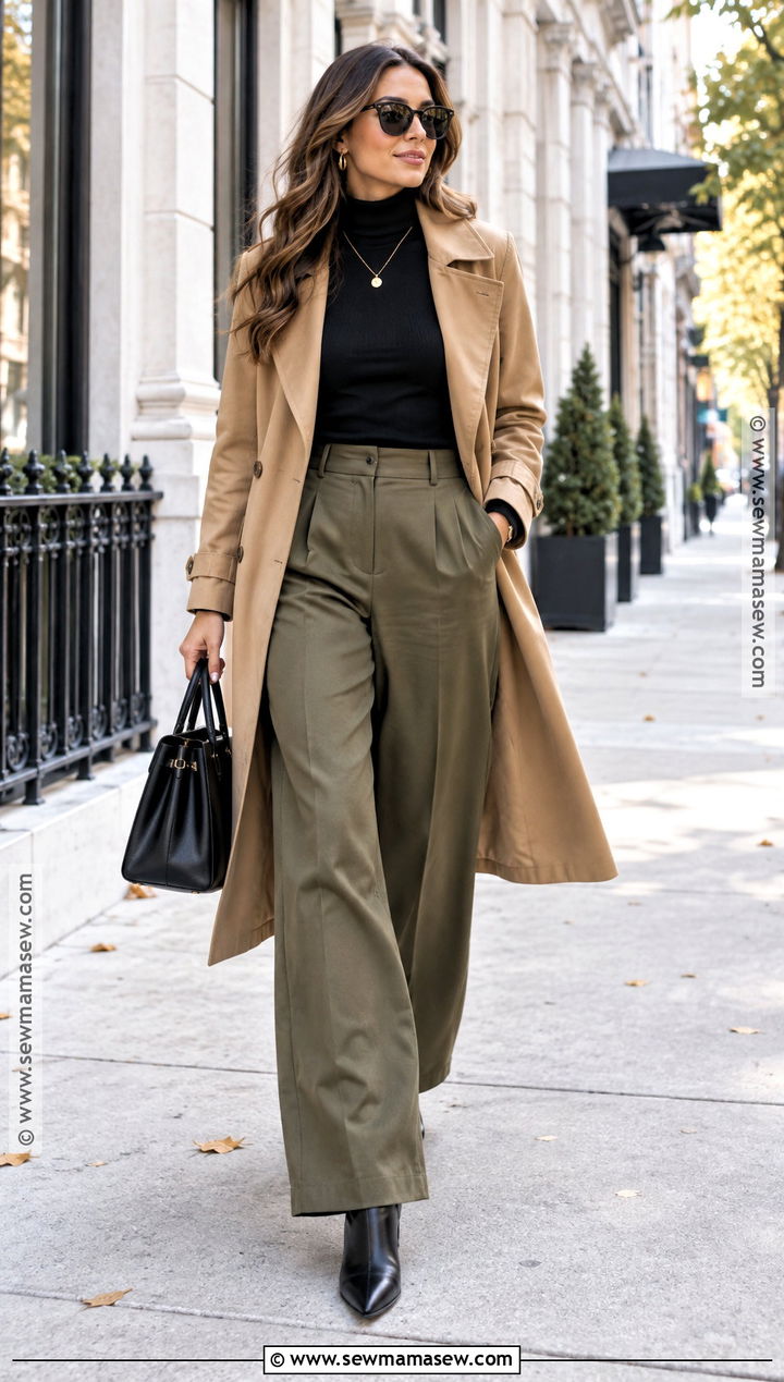 Olive Wide Leg Pants With Black Turtleneck And Trench Coat - 20 wide leg pants fall outfit