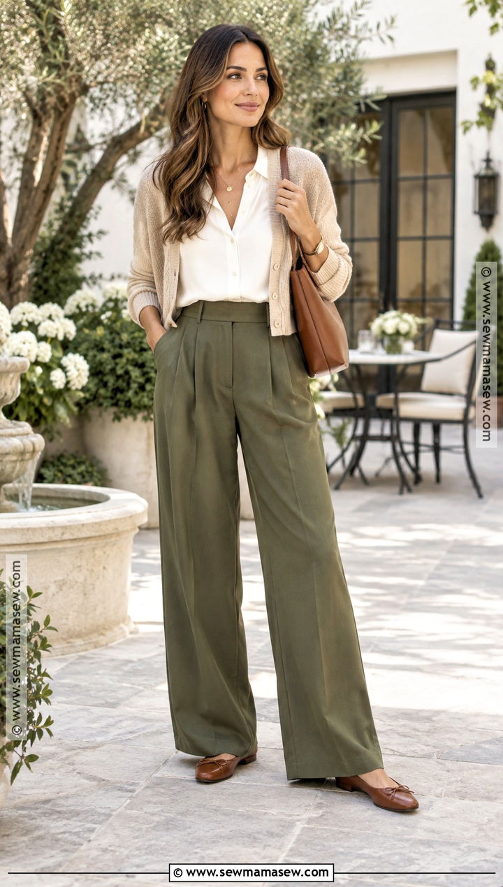 Olive Wide Leg Trousers With Ivory Blouse And Cardigan - 15 wide leg trousers fall outfit ideas