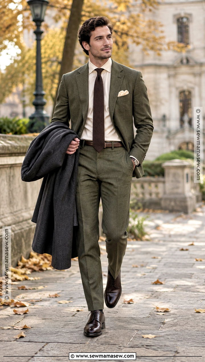Olive Wool Suit With Cream Dress Shirt - 15 Formal Mens Fall Fashion Ideas