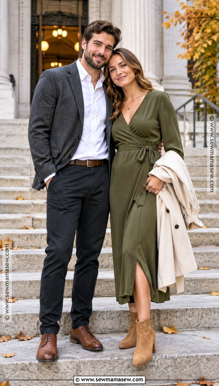 Olive Wrap Dress City Engagement Outfit - 15 fall city engagement pictures outfit ideas