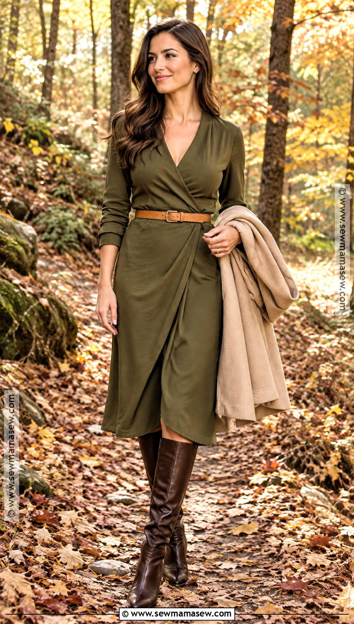 Olive Wrap Dress Engagement Photo Outfit With Tall Boots - 15 engament photo outfits fall