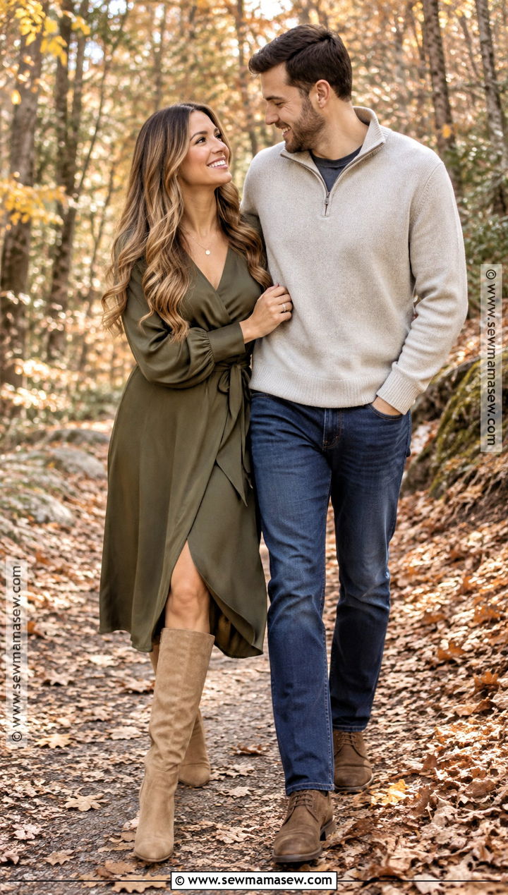 Olive Wrap Dress Fall Engagement Photo Outfit - 20 outdoor engagement photos outfits fall