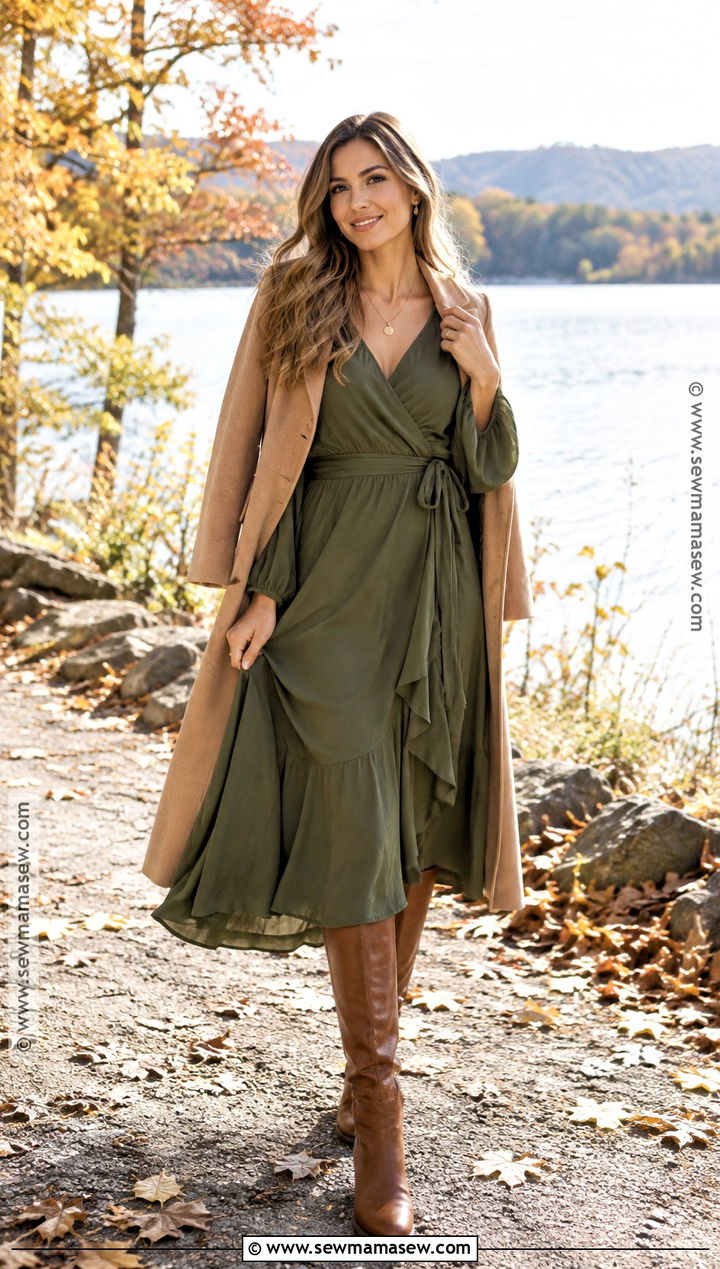 Olive Wrap Dress Fall Engagement Photo Outfit - 15 fall outfits women engagement photos