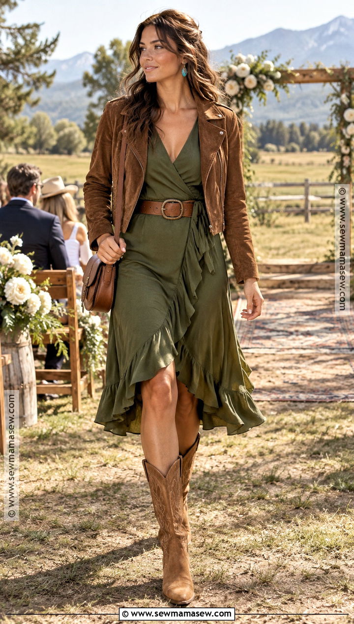 Olive Wrap Dress Western Wedding Guest Outfit - 15 fall wedding guest outfit western ideas
