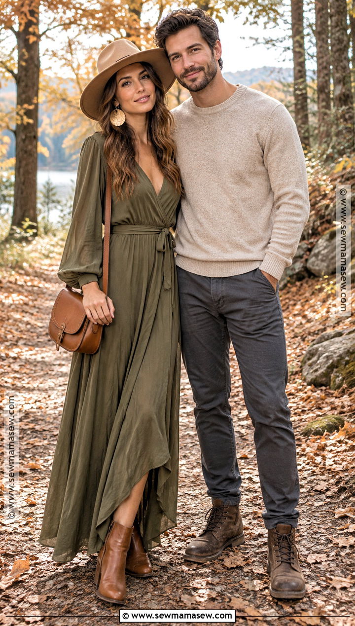 Olive Wrap Dress With Felt Hat - 15 boho engagement photos outfits fall