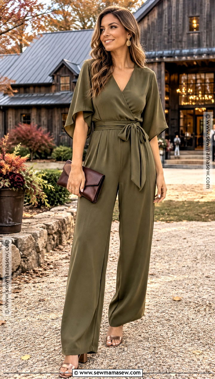 Olive Wrap Jumpsuit - 15 wedding guest jumpsuit fall ideas