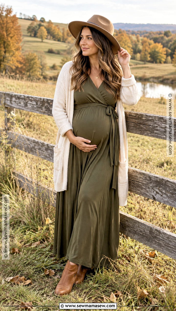 Olive Wrap Maternity Dress With Tan Rancher Hat - 15 fall maternity photos with hat ideas