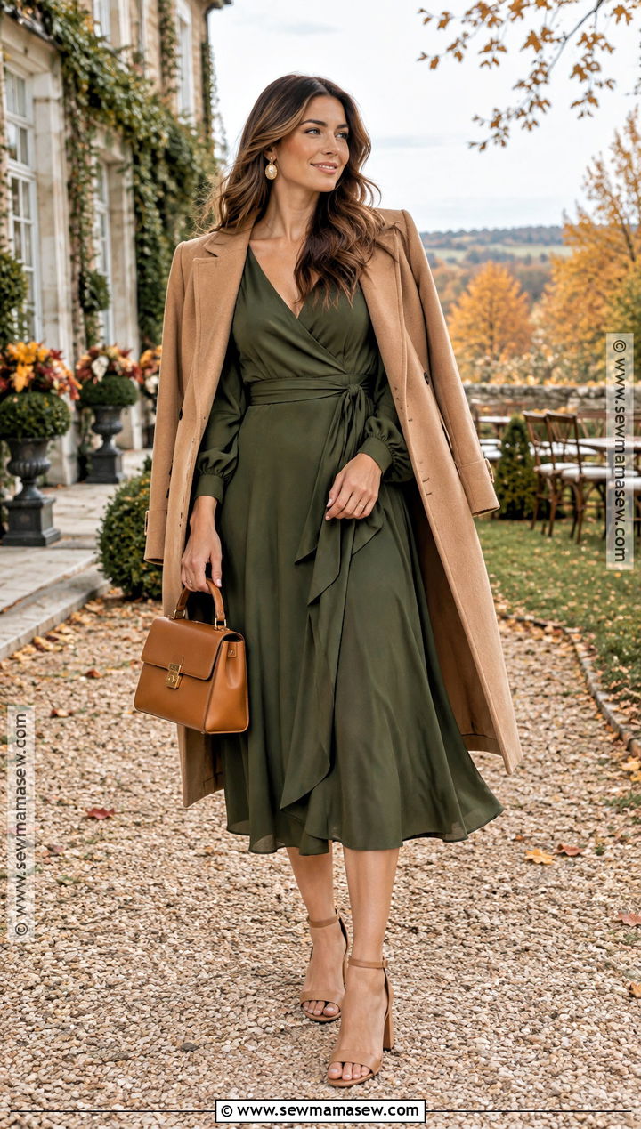 Olive Wrap Midi Fall Wedding Guest Dress - 15 dress to wear to fall wedding ideas