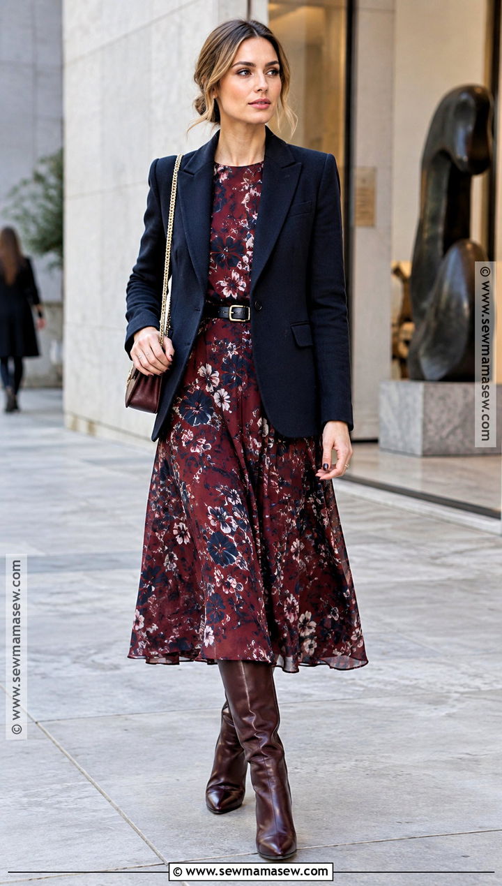 Olivia Palermo Printed Dress And Tall Boots Outfit - 20 olivia palermo fall style ideas