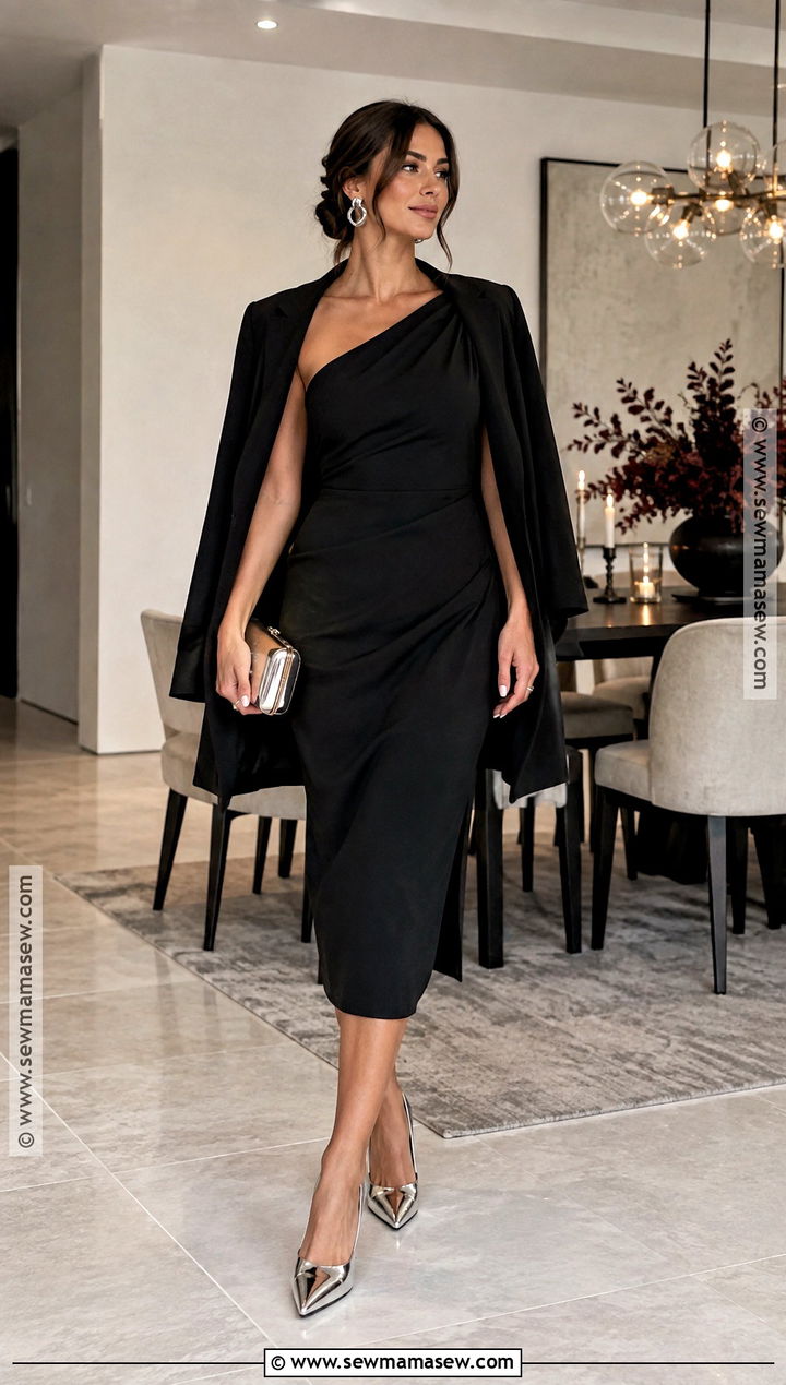 One Shoulder Black Dress Fall Dinner Outfit - 25 fancy dinner outfit fall ideas