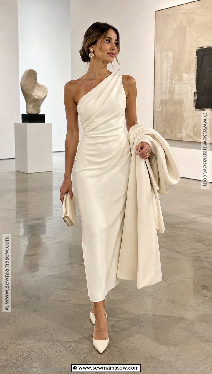 One Shoulder Column Rehearsal Dinner Dress - 20 fall rehearsal dinner dress for bride ideas