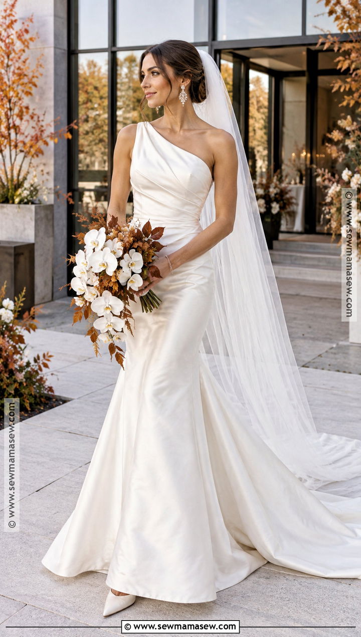 One Shoulder Draped Mermaid Wedding Dress - 15 Fall Mermaid Wedding Dress Ideas