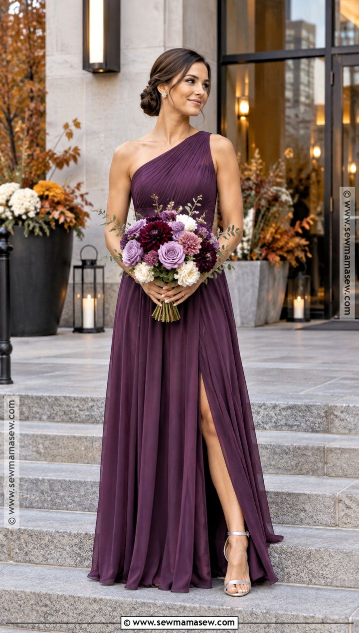 One Shoulder Plum Bridesmaid Dress With Purple Dahlia Bouquet - 15 plum bridesmaid dresses fall deep purple wedding bouquets